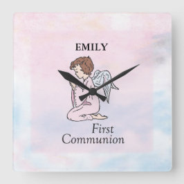 Girl, First Communion Angel Quadratische Wanduhr