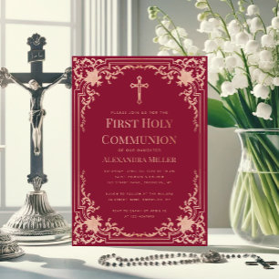 Girl First Communion Burgundy Pink Rose Gold Cross Einladung