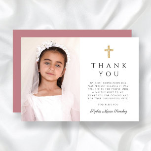 Girl First Communion Dusty Rose Cross Foto Dankeskarte