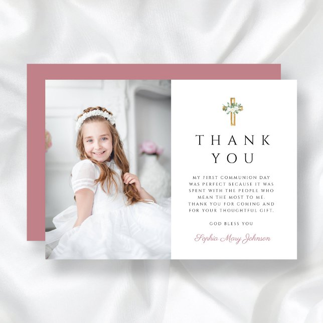 Girl First Communion Floral Cross Foto Dankeskarte (Girl First Communion Floral Cross Photo Thank You Card)