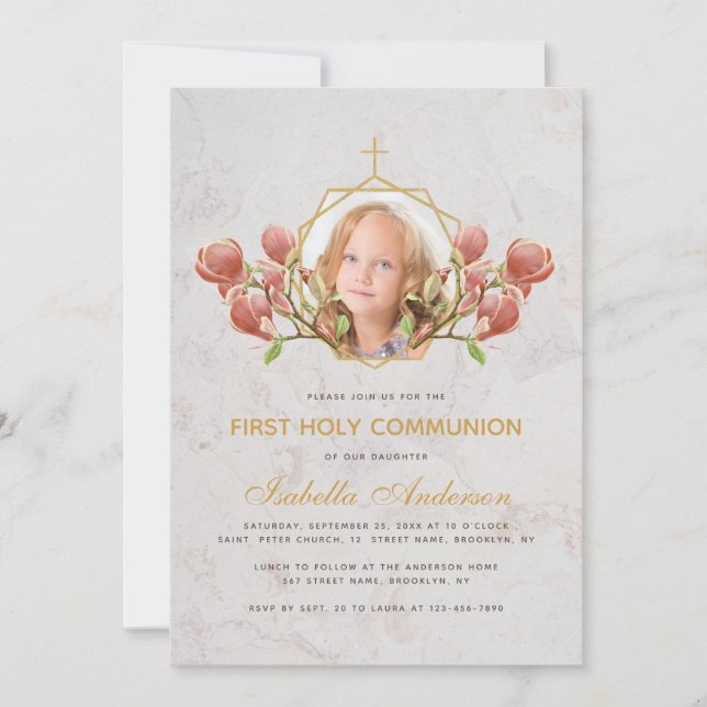 Girl First Communion Foto Rosa Magnolia Marmor Einladung (Vorderseite)