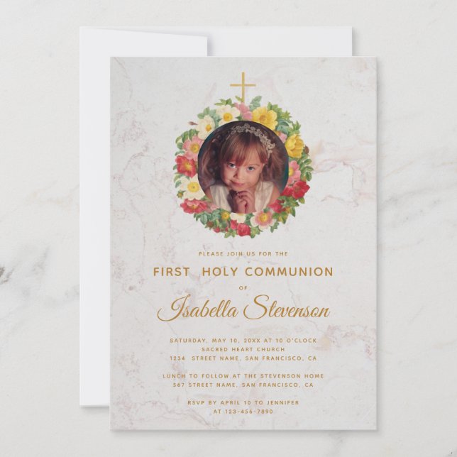 Girl First Communion Foto Rose Wreath Marble Einladung (Vorderseite)