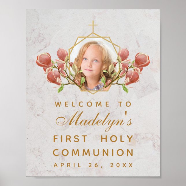 Girl First Communion Photo Pink Magnolia Welcome Poster (Vorne)