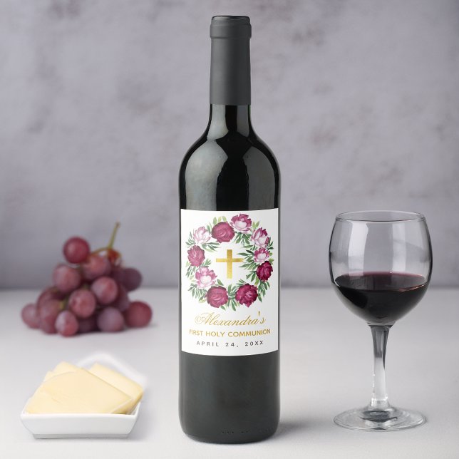 Girl First Communion Pink Burgund Blumenreath Weinetikett (Von Creator hochgeladen)