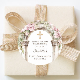 Girl First Communion Pink Florals Arch Cross Runder Aufkleber