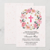 Girl First Communion Watercolor Pink Floral