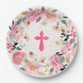 Girl First Communion Watercolor Pink Floral Pappteller