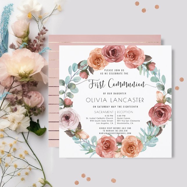 Girl First CommunityRose Gold Blush Blumenreath Einladung (Von Creator hochgeladen)