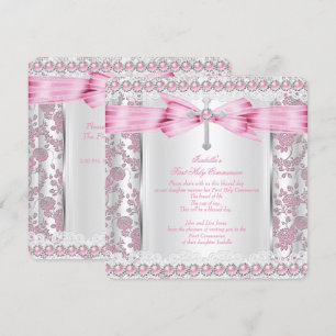 Girl First Heilige Kommune Kreuz Damask Pink Silve Einladung