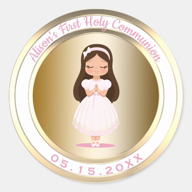Girl First Heilige Kommunion Metallic Gold und Pin Runder Aufkleber (Vorderseite)