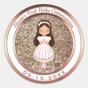 Girl First Heilige Kommunion Metallic und Glitzer Runder Aufkleber