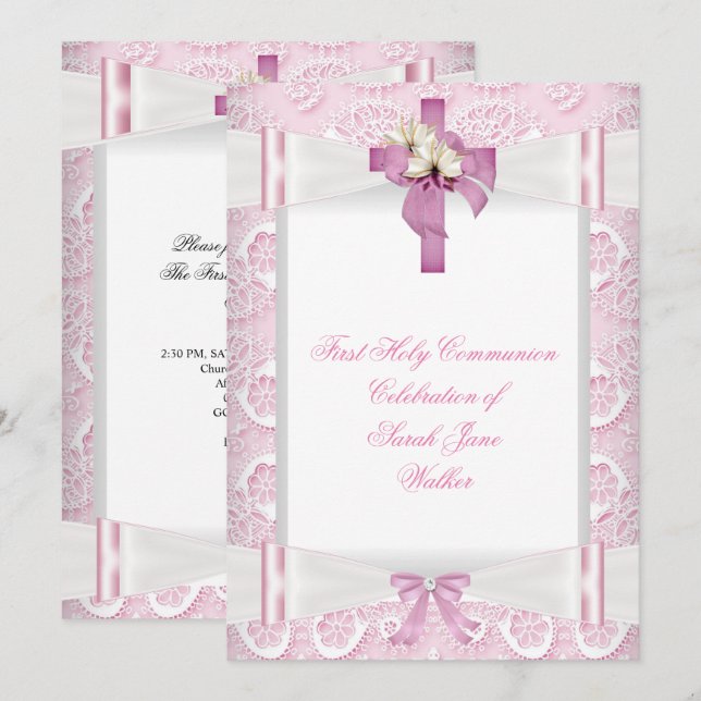 Girl First Heilige Kommunion Pink Lace Bow White 4 Einladung (Vorne/Hinten)