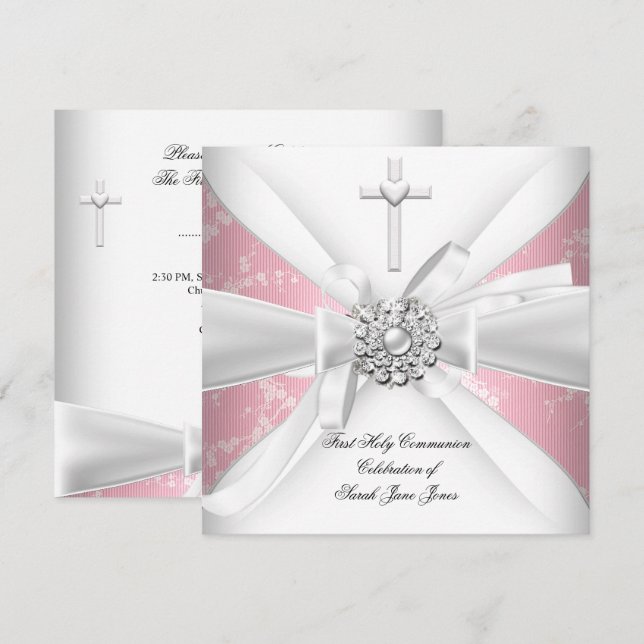 Girl First Heilige Kommunion Pink White Blossom Einladung (Vorne/Hinten)
