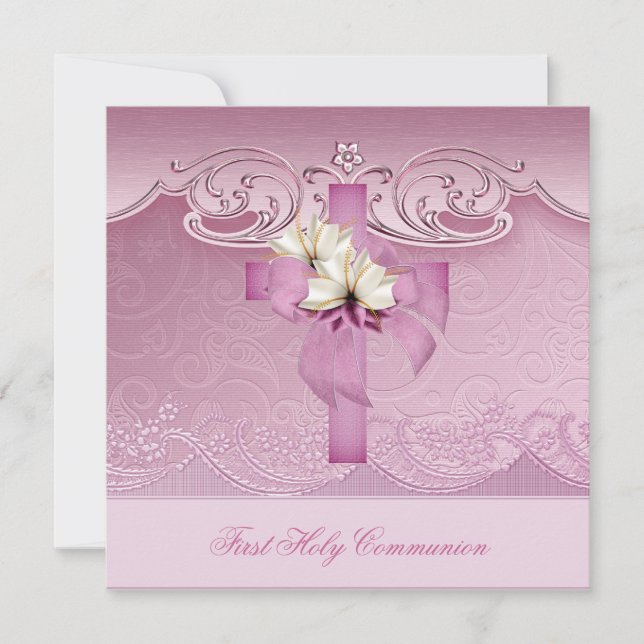 Girl First Heilige Kommunion Rosa Kreuz Einladung (Vorderseite)