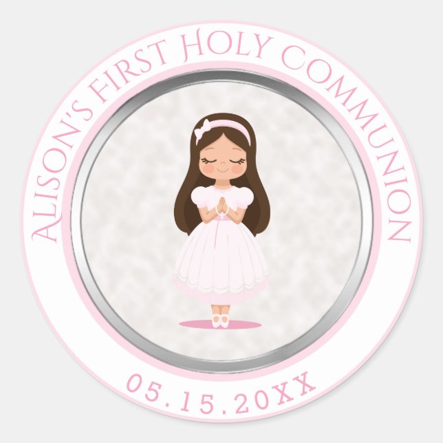 Girl First Heilige Kommunion Rosa Silber Runder Aufkleber (Vorderseite)