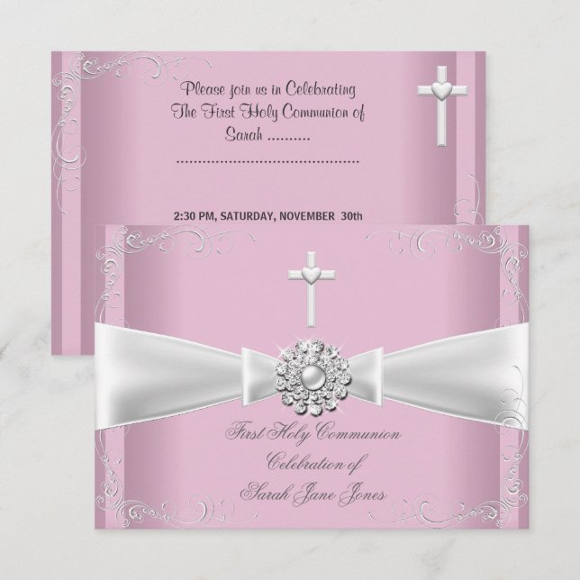 Girl First Heilige Kommunion Rosa Weißes Silber Einladung (Vorne/Hinten)