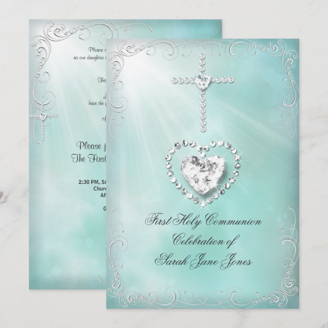 Girl First Holy Communion Aquamarin Blue Himmlisch Einladung (Vorne/Hinten)