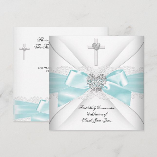 Girl First Holy Communion Aquamarines weißes Silbe Einladung (Vorne/Hinten)