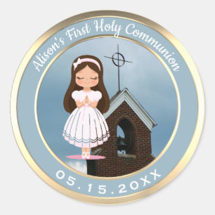 Girl First Holy Communion Church Gold Runder Aufkleber
