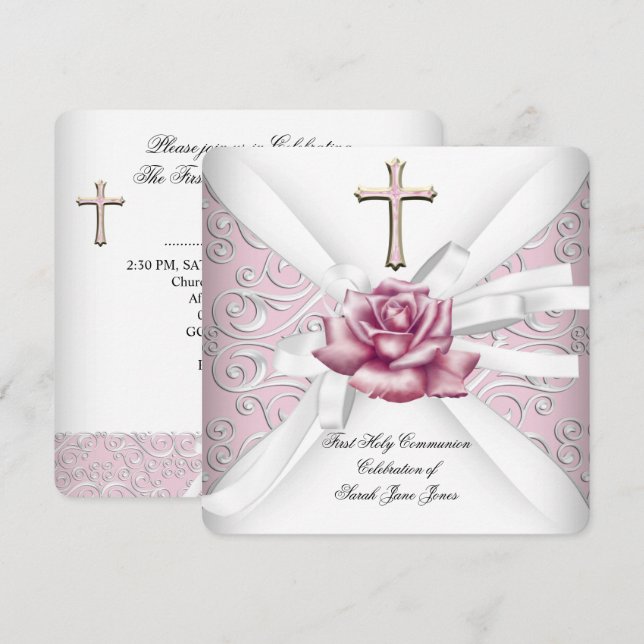 Girl First Holy Communion Damask Pink Rose White 2 Einladung (Vorne/Hinten)