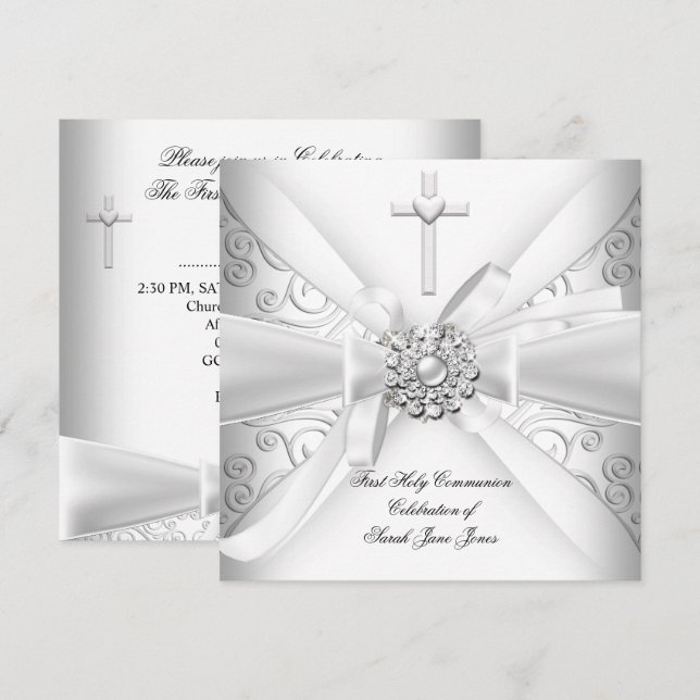 Girl First Holy Communion Damask White Silver Einladung (Vorne/Hinten)