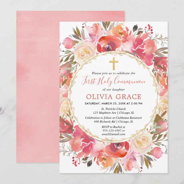 Girl First Holy Communion Floral Corush Rosa Einladung (Vorne/Hinten)