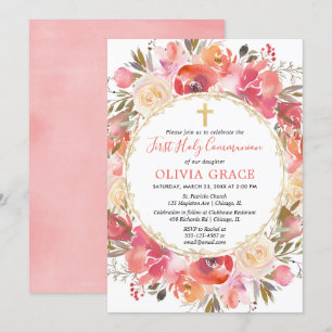 Girl First Holy Communion Floral Corush Rosa Einladung