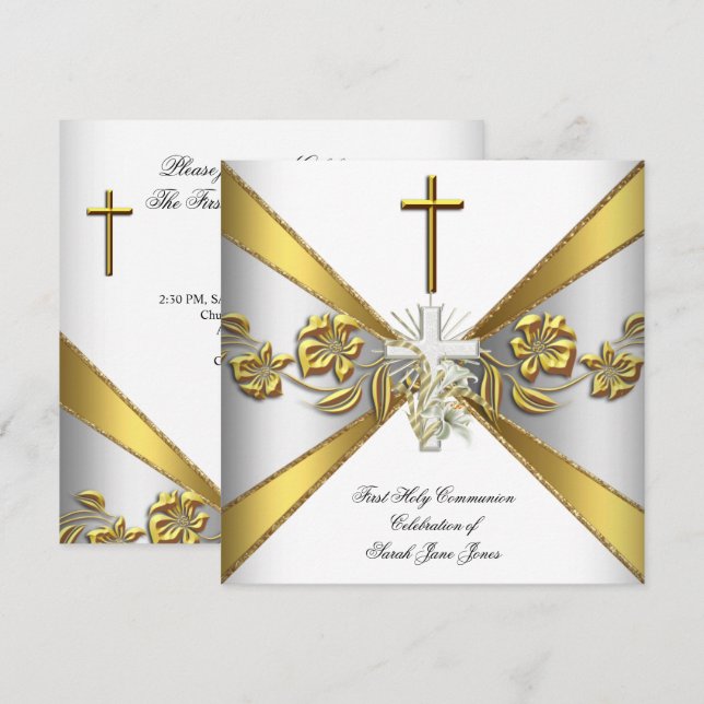 Girl First Holy Communion Gold White Floral 2 Einladung (Vorne/Hinten)