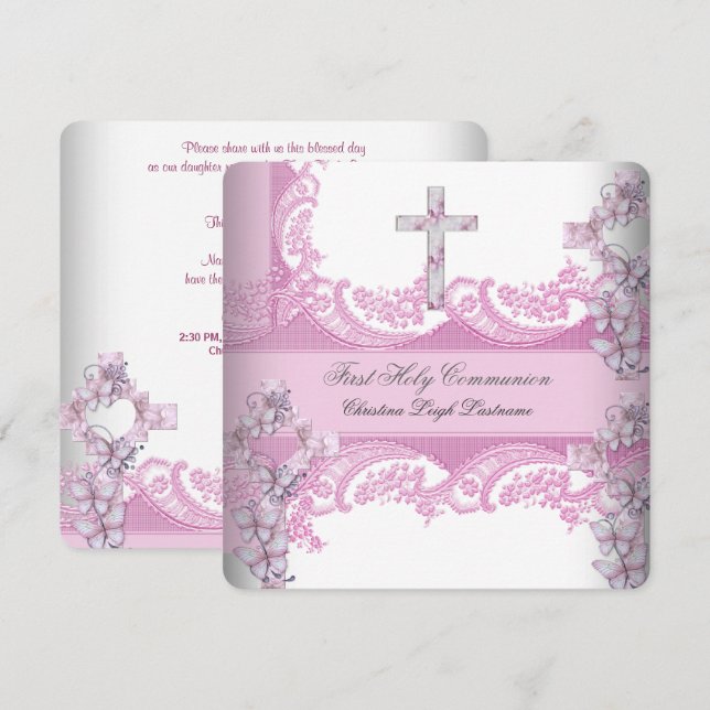 Girl First Holy Communion Hübsch Lace Pink Einladung (Vorne/Hinten)