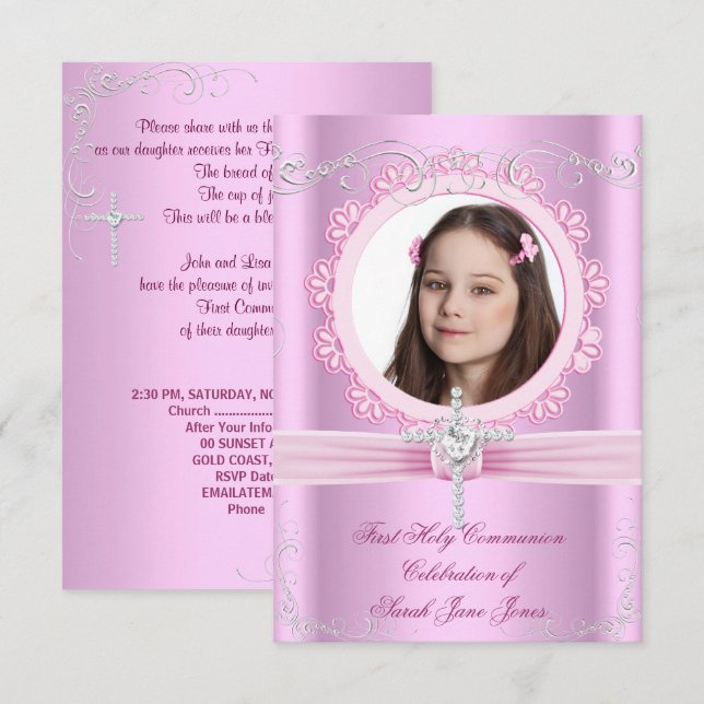 Girl First Holy Communion Hübsch Pink Foto Einladung (Vorne/Hinten)