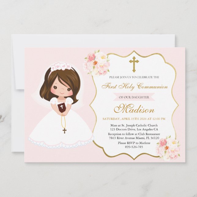 Girl First Holy Communion Invitation Elegant Cute Einladung (Vorderseite)