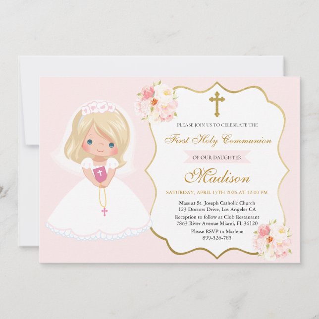 Girl First Holy Communion Invitation Soft Pink (Devant)