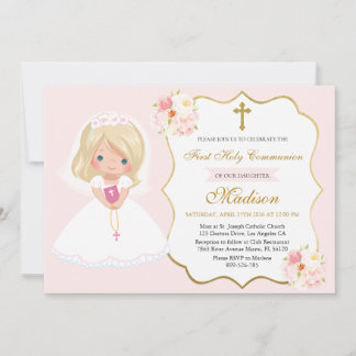 Girl First Holy Communion Invitation Soft Pink Einladung