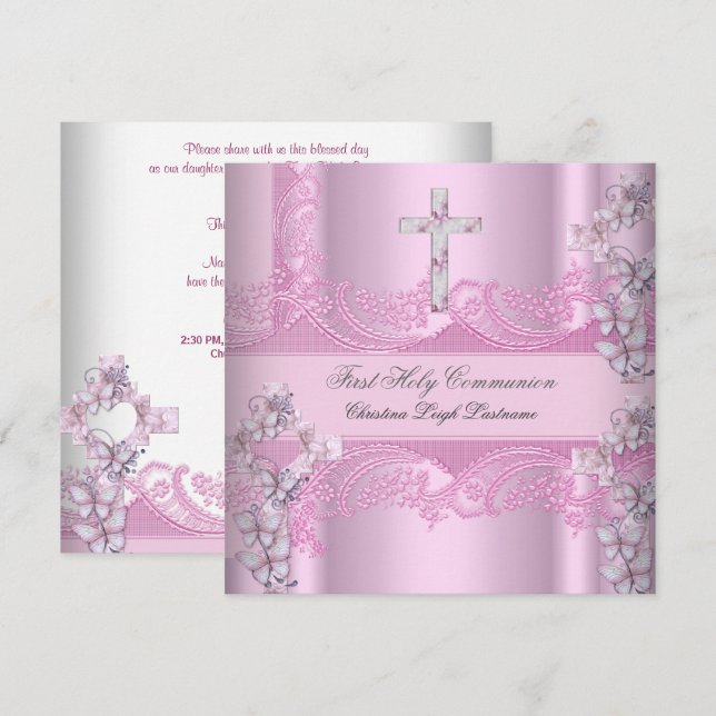 Girl First Holy Communion Lace Pink Einladung (Vorne/Hinten)