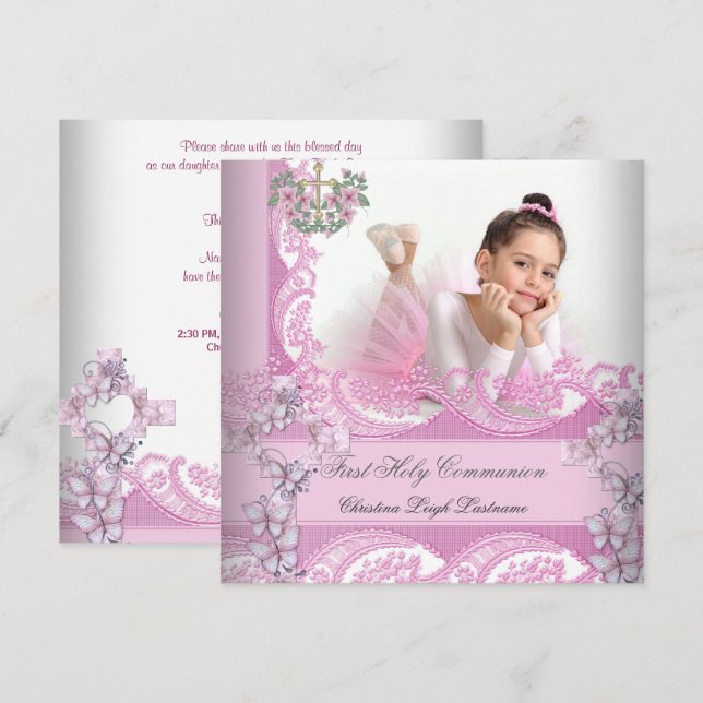 Girl First Holy Communion Lace Pink Foto Einladung (Vorne/Hinten)