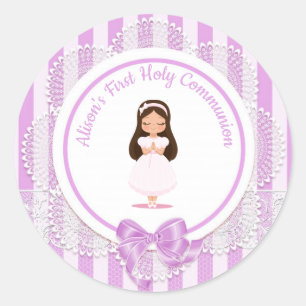 Girl First Holy Communion Lila Lace Runder Aufkleber