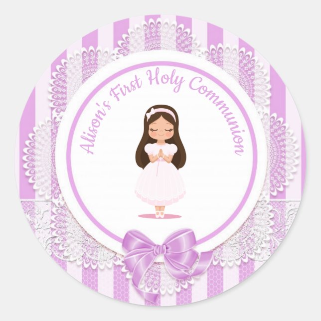 Girl First Holy Communion Lila Lace Runder Aufkleber (Vorderseite)