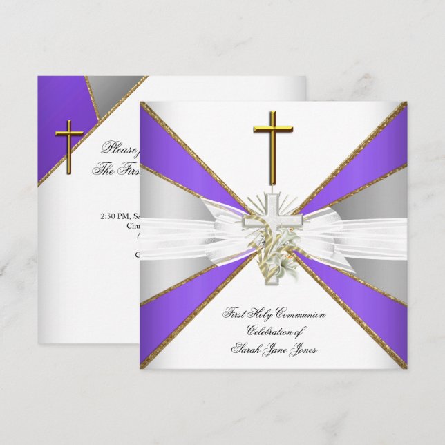 Girl First Holy Communion Lila White Floral Einladung (Vorne/Hinten)