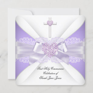 Girl First Holy Communion Lilac Lace Heart 3 Einladung