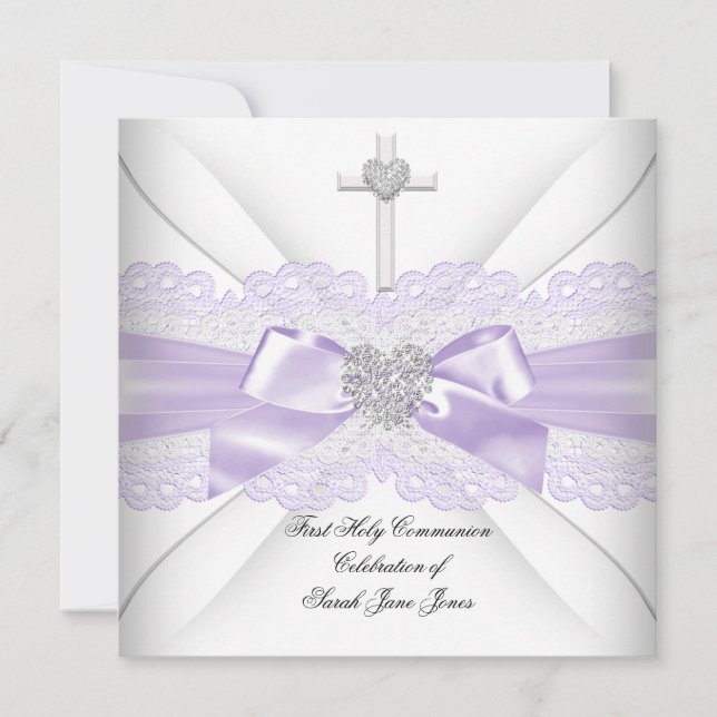 Girl First Holy Communion Lilac Lace White Heart Einladung (Vorderseite)