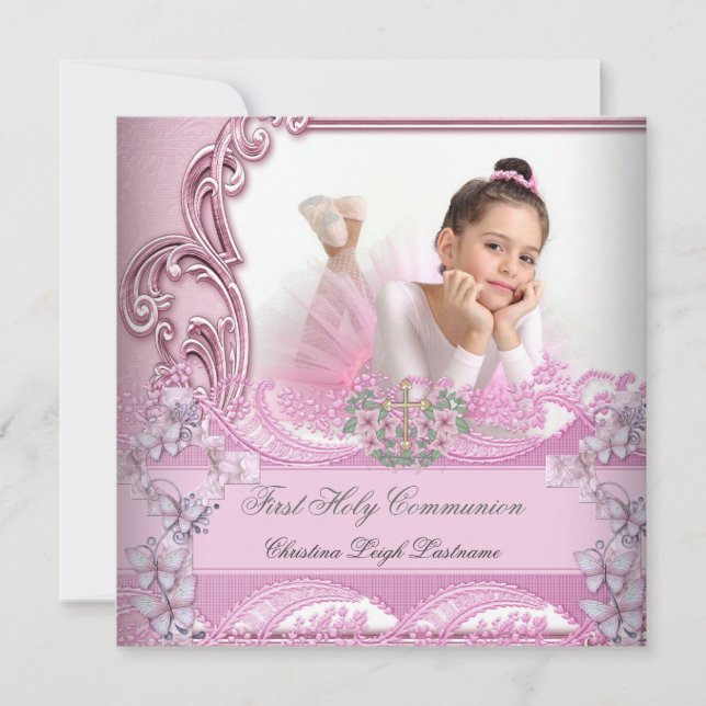 Girl First Holy Communion Pink Foto Butterfly Einladung (Vorderseite)