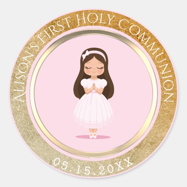 Girl First Holy Communion Pink Gold Runder Aufkleber (Vorderseite)