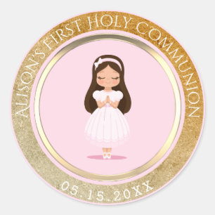 Girl First Holy Communion Pink Gold Runder Aufkleber