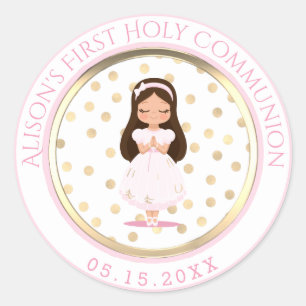 Girl First Holy Communion Pink Gold Runder Aufkleber