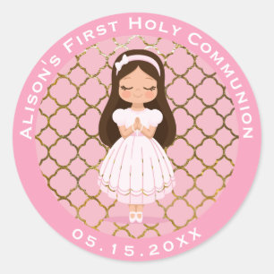Girl First Holy Communion Pink Gold Runder Aufkleber