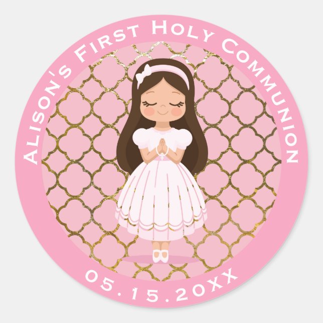 Girl First Holy Communion Pink Gold Runder Aufkleber (Vorderseite)