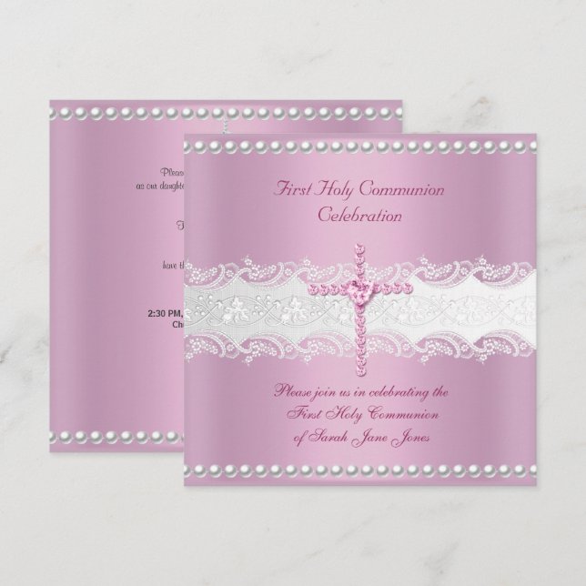 Girl First Holy Communion Pink Lace Pink Pearl Einladung (Vorne/Hinten)