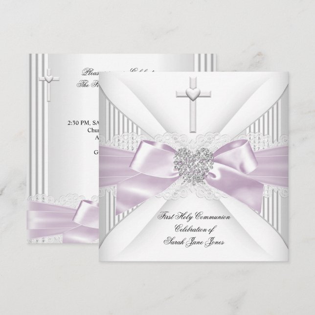 Girl First Holy Communion Pink White Grey Heart Einladung (Vorne/Hinten)