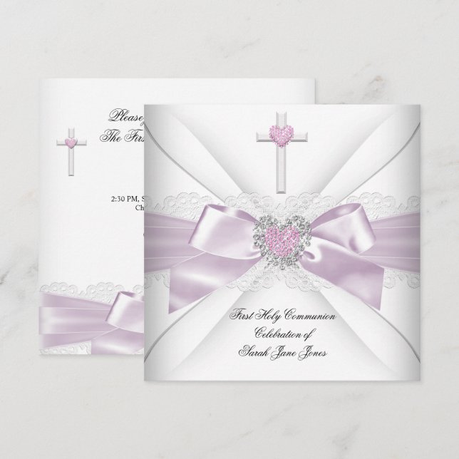 Girl First Holy Communion Pink White Heart Order Einladung (Vorne/Hinten)