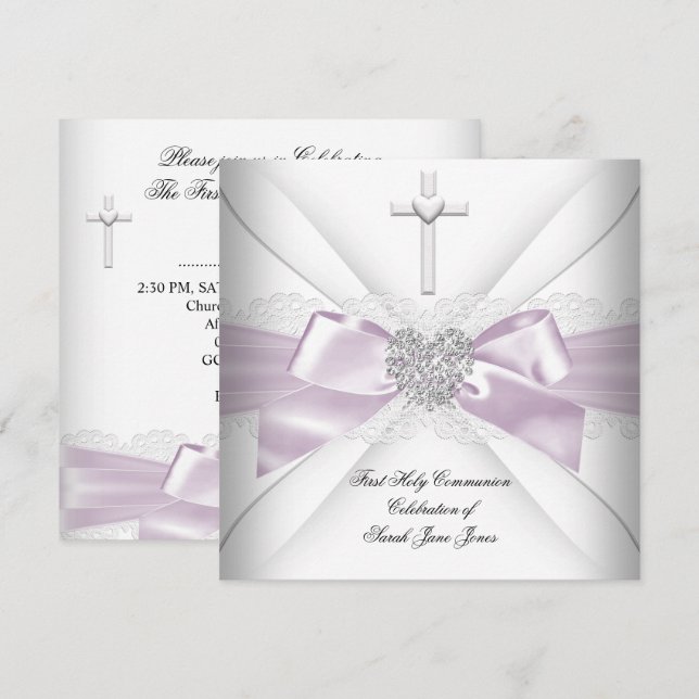 Girl First Holy Communion Pink White Silver Heart Einladung (Vorne/Hinten)